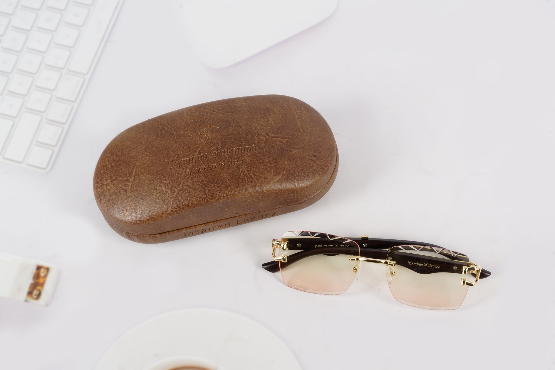 Erminio Palamino "Elite Designer Rimless Sunglasses with Gold Accents, Black Frame, Dark Lenses, Luxury Case