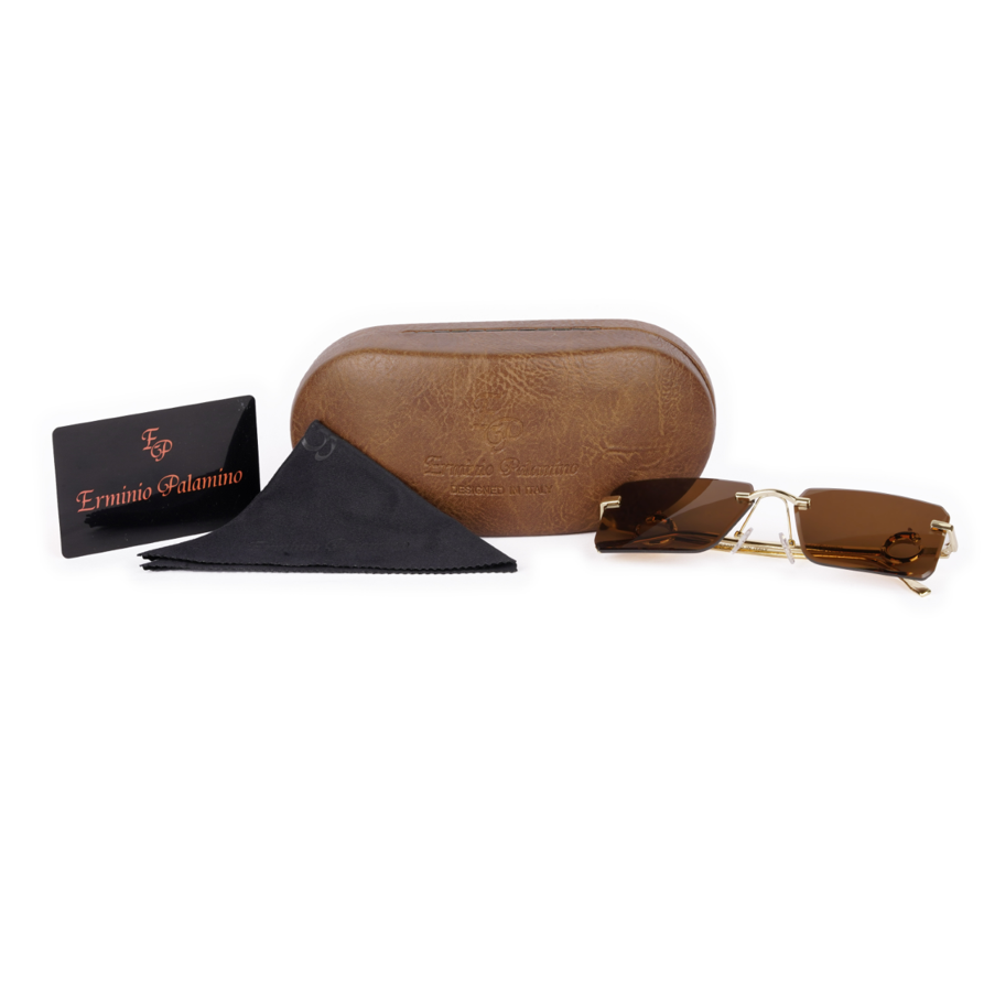 Erminio Palamino "Elite Designer Rimless Sunglasses for Women, Gold Frame, Tinted Lens, with Carrying Case & Cleaning Cloth