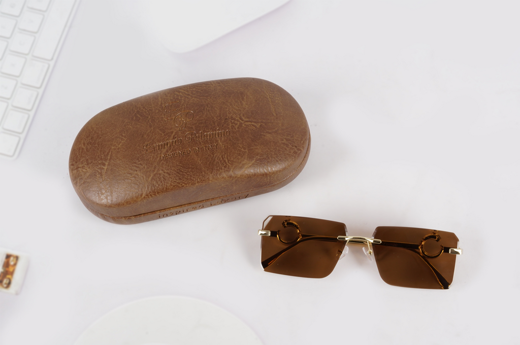 Erminio Palamino "Elite Designer Rimless Sunglasses for Women, Gold Frame, Tinted Lens, with Carrying Case & Cleaning Cloth