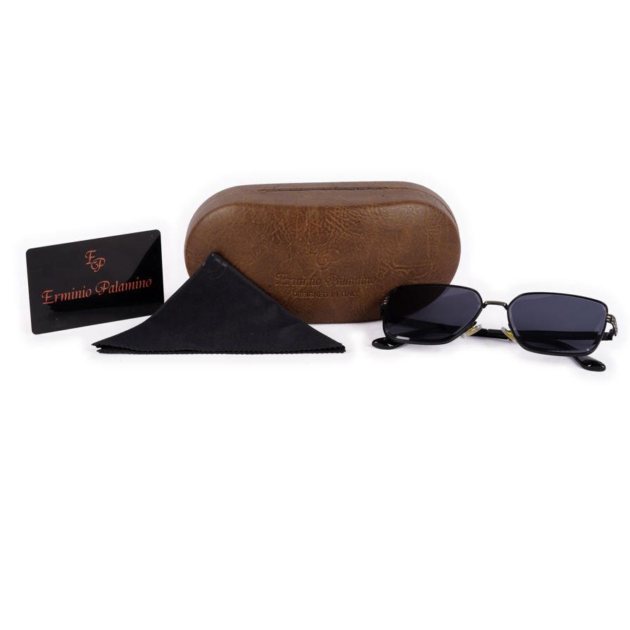 Erminio Palamino "Elite Designer Sunglasses, Square Frame, Black Metal Arms with Decorative Detail, Dark Lens