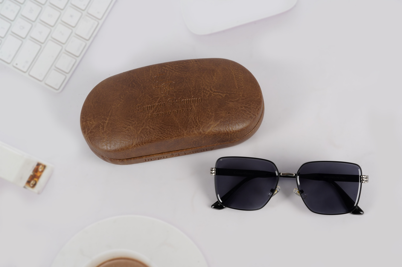 Erminio Palamino "Elite Designer Sunglasses, Square Frame, Black Metal Arms with Decorative Detail, Dark Lens