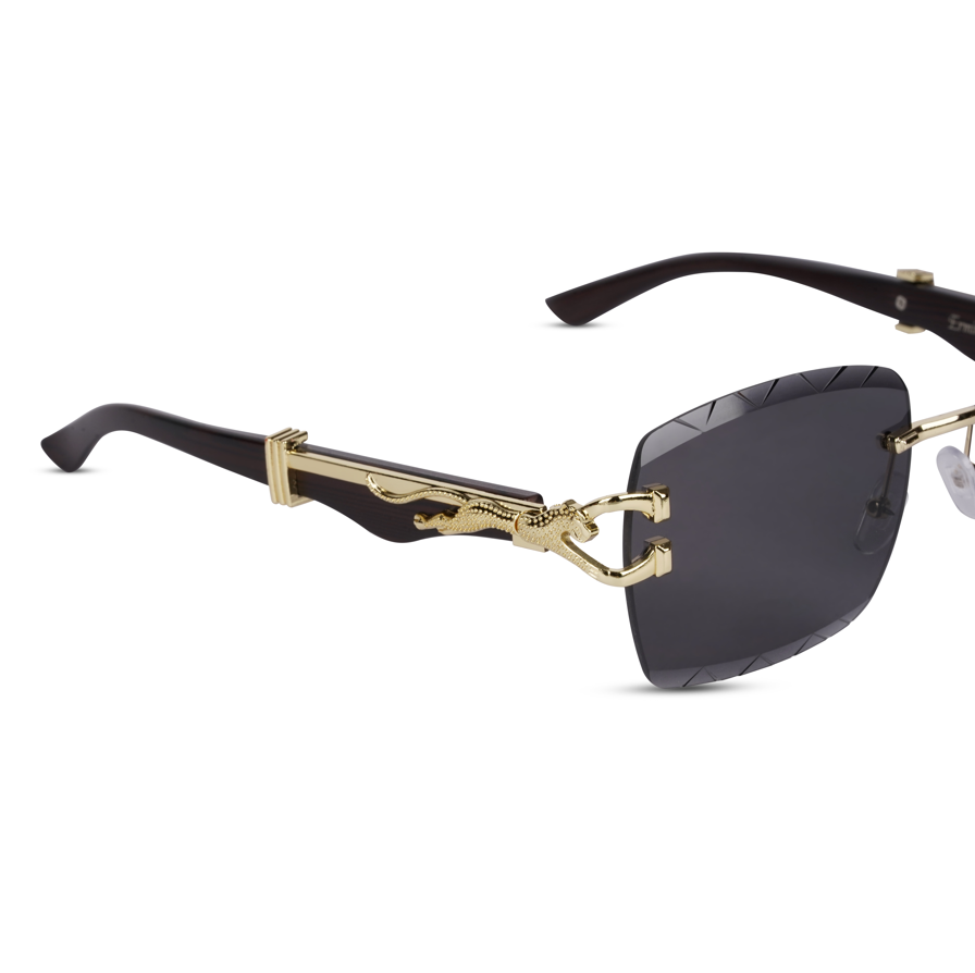 Erminio Palamino "Elite Designer Rimless Sunglasses with Gold Accents, Black Frame, Dark Lenses, Luxury Case