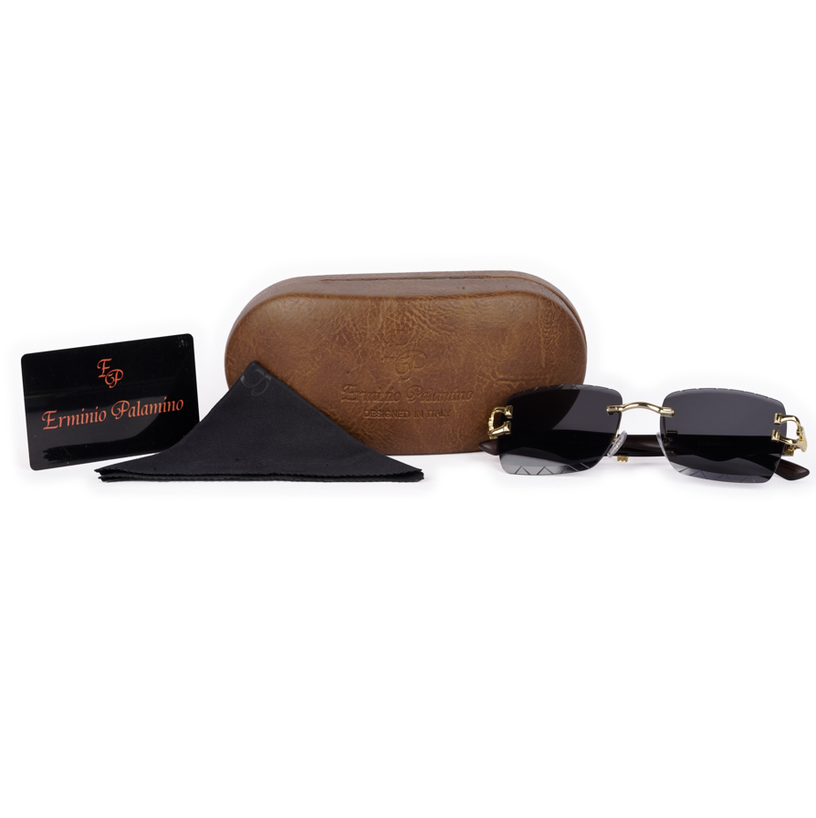Erminio Palamino "Elite Designer Rimless Sunglasses with Gold Accents, Black Frame, Dark Lenses, Luxury Case