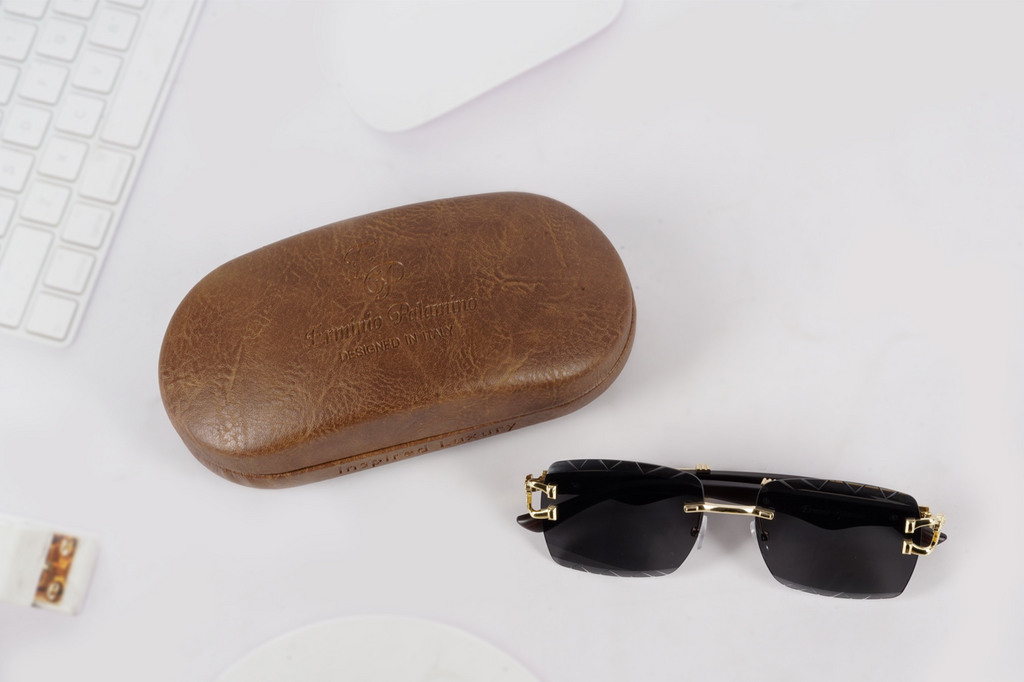 Erminio Palamino "Elite Designer Rimless Sunglasses with Gold Accents, Black Frame, Dark Lenses, Luxury Case