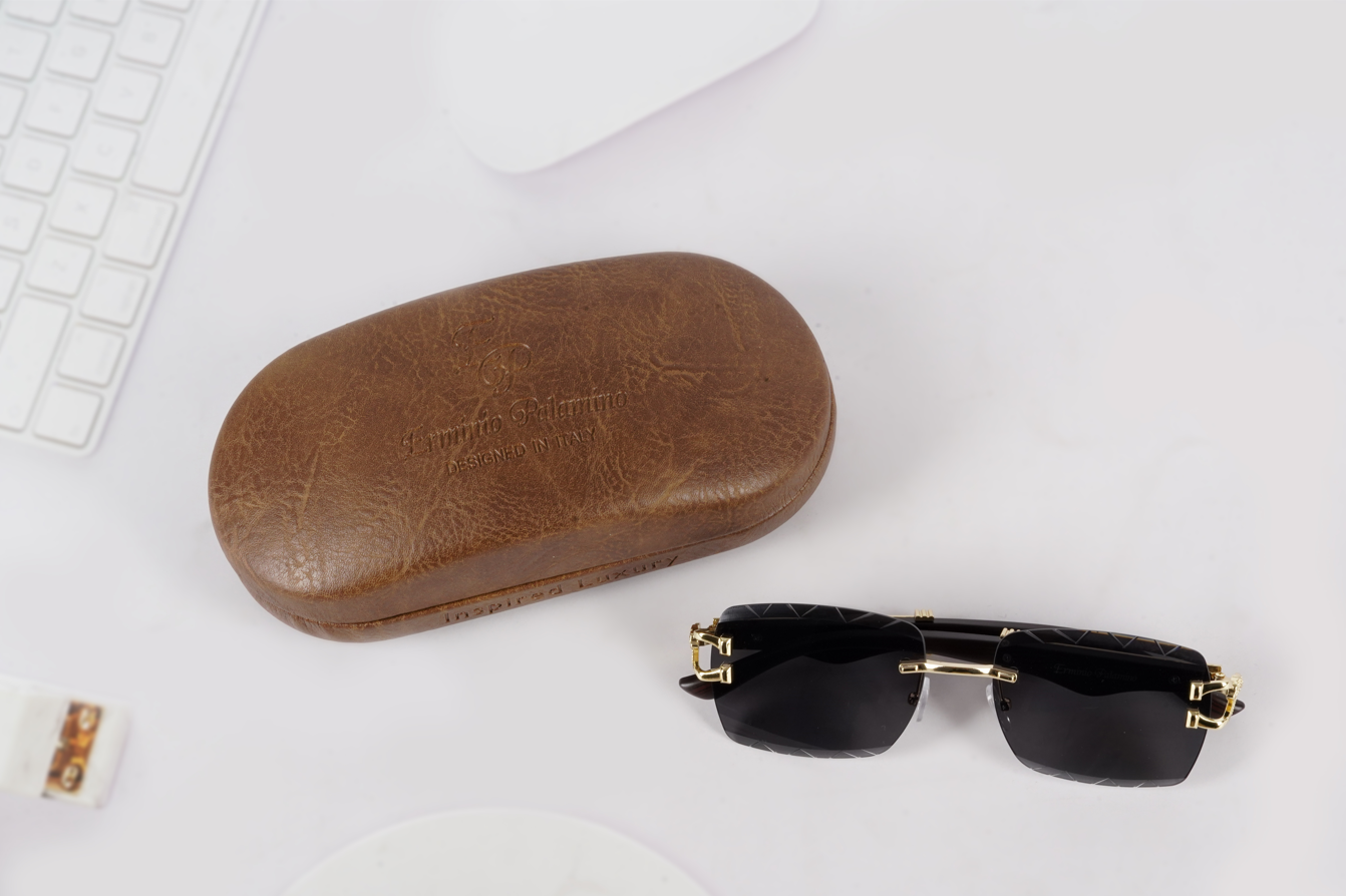 Erminio Palamino "Elite Designer Rimless Sunglasses with Gold Accents, Black Frame, Dark Lenses, Luxury Case