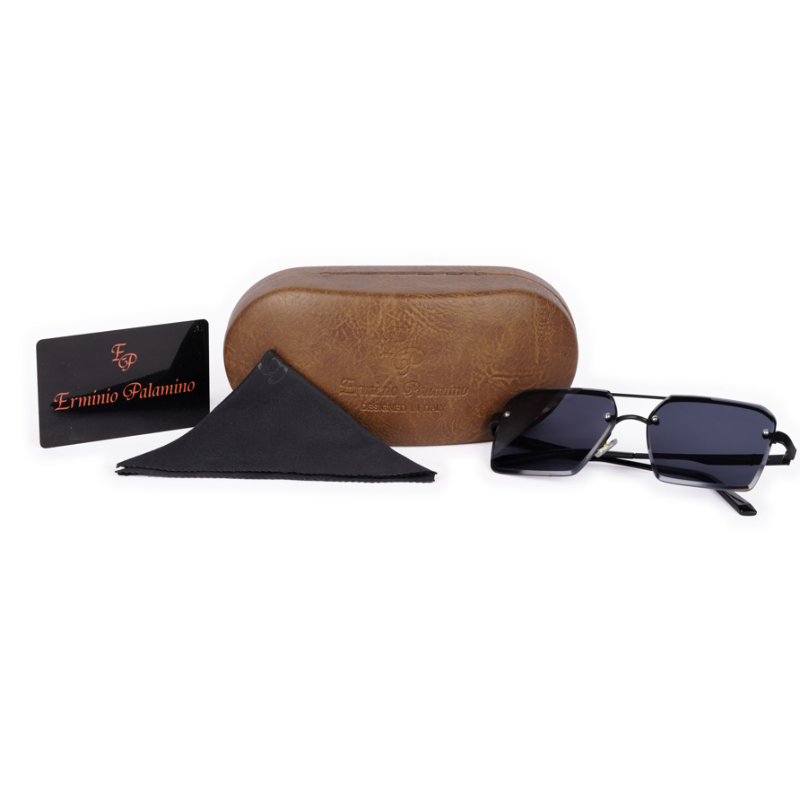 Erminio Palamino "Elite Square Oversized Sunglasses, Black Metal Frame, Tinted Lenses, Rimless Design, Unisex