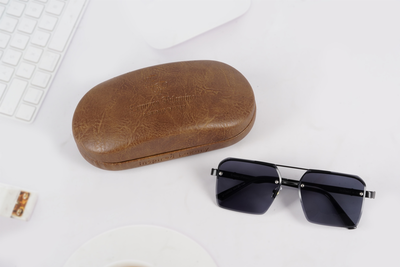 Erminio Palamino "Elite Square Oversized Sunglasses, Black Metal Frame, Tinted Lenses, Rimless Design, Unisex