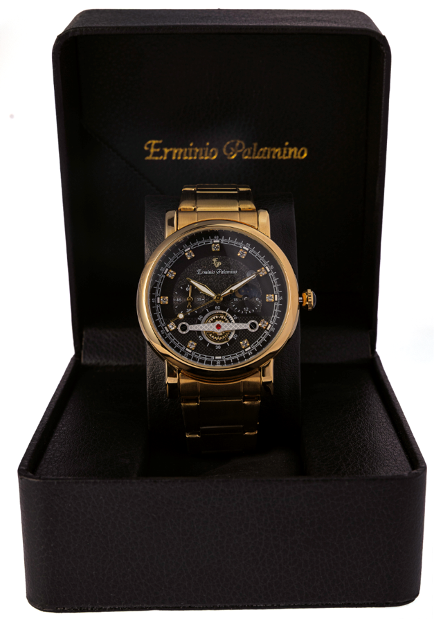 Erminio Palamino Gold-Tone Luxury Watch, Quartz Movement, Dial with Diamond Markers, Stainless Steel Band, Water Resistant