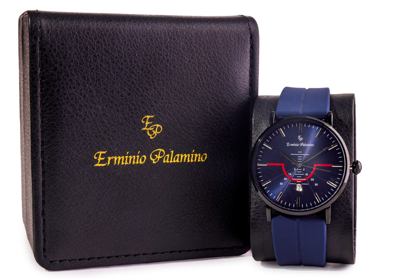 Erminio Palamino Men's Sleek Analog Watch, Modern Dial with Red Accent, Silicone Magnetic Band, Date Display, Water Resistant