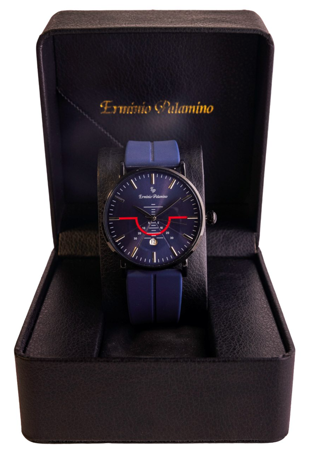 Erminio Palamino Men's Sleek Analog Watch, Modern Dial with Red Accent, Silicone Magnetic Band, Date Display, Water Resistant