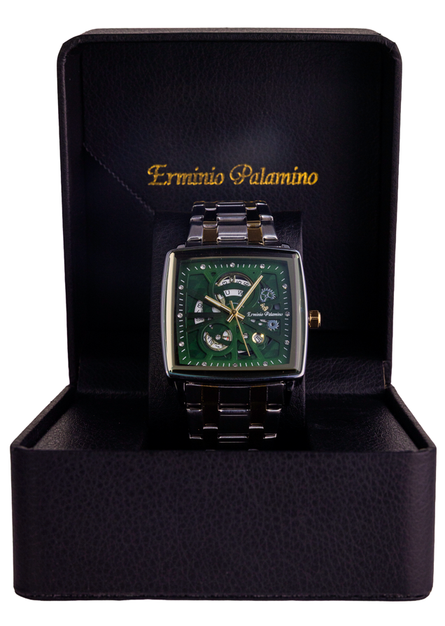 Erminio Palamino Royale - Luxury Skeleton Dial Quartz Square Men's Watch with Day-Date Display Stainless Steel Band, Water Resistant