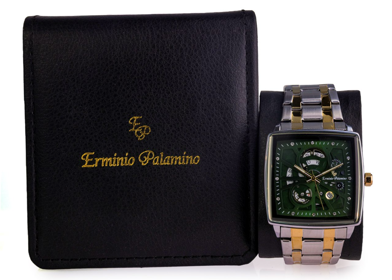 Erminio Palamino Royale - Luxury Skeleton Dial Quartz Square Men's Watch with Day-Date Display Stainless Steel Band, Water Resistant