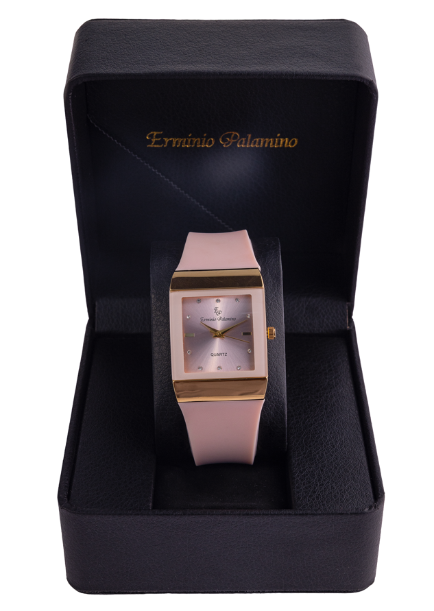 Erminio Palamino Ladies Rectagle Quartz Watch, Silicone Band, Gold-Tone Accents, Crystal Markers, Water Resistant