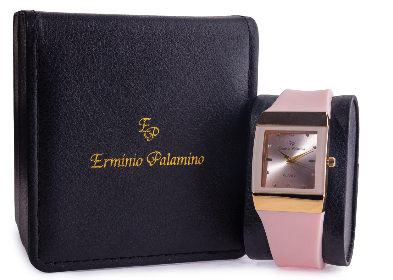 Erminio Palamino Ladies Rectagle Quartz Watch, Silicone Band, Gold-Tone Accents, Crystal Markers, Water Resistant