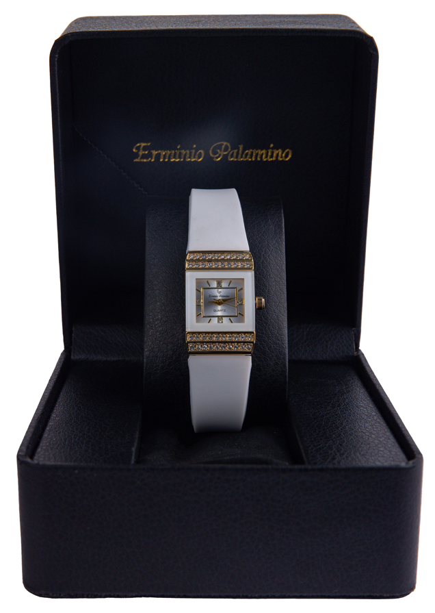Erminio Palamino Ladies Luxury Quartz Watch, Gold-Tone Crystal Embellished, Vintage Square, Silicone Strap, Water Resistant