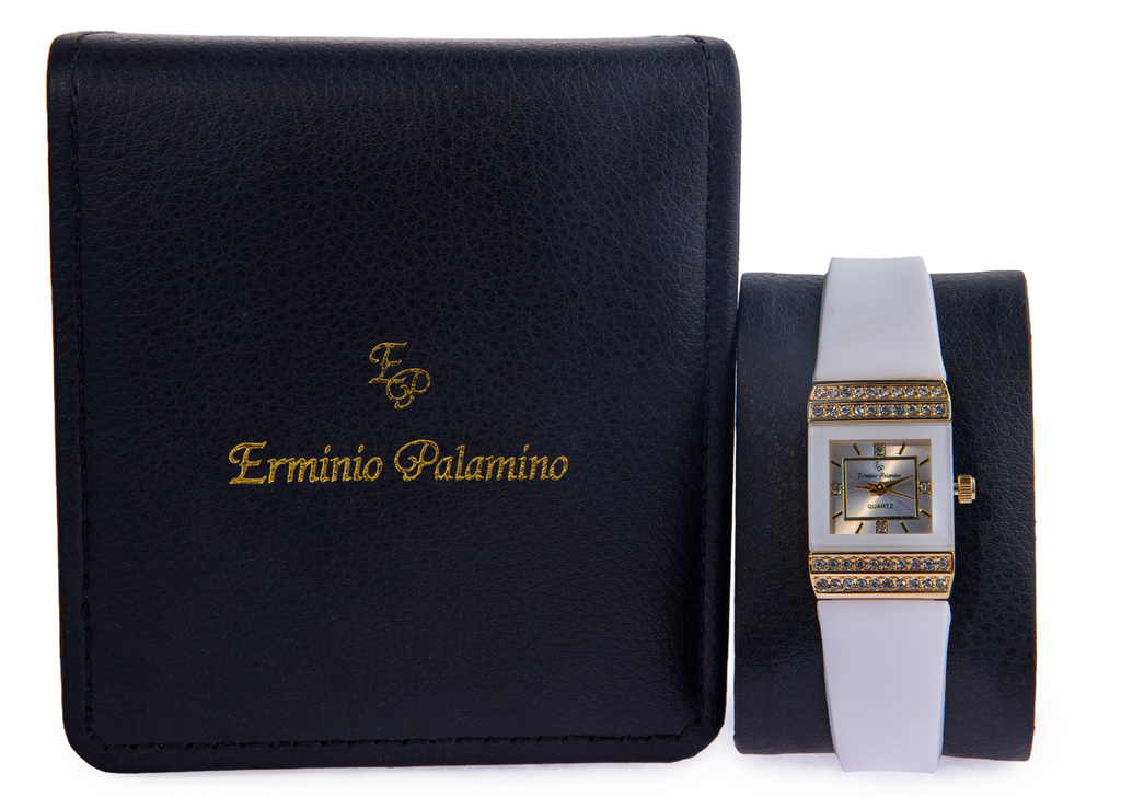 Erminio Palamino Ladies Luxury Quartz Watch, Gold-Tone Crystal Embellished, Vintage Square, Silicone Strap, Water Resistant