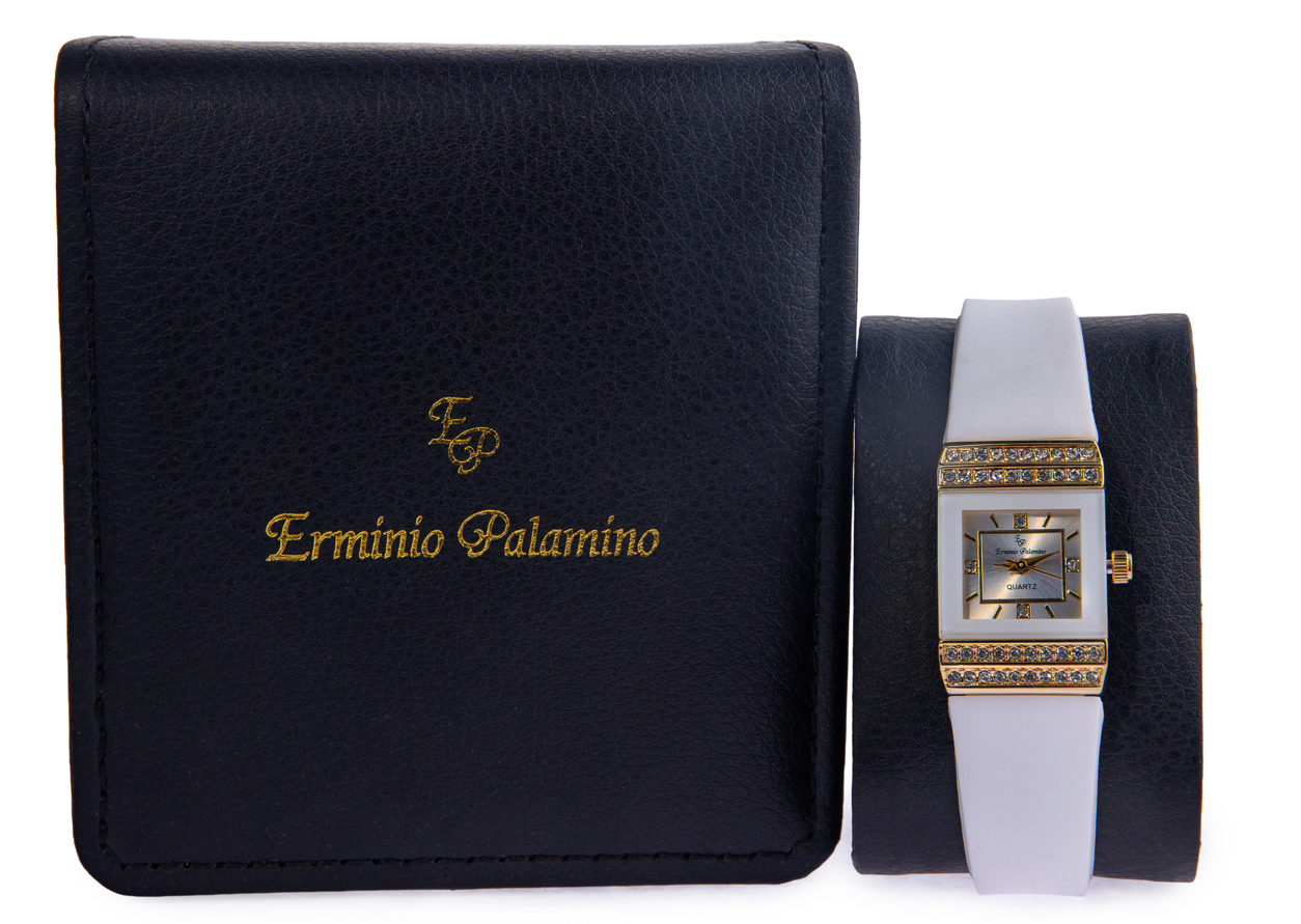 Erminio Palamino Ladies Luxury Quartz Watch, Gold-Tone Crystal Embellished, Vintage Square, Silicone Strap, Water Resistant