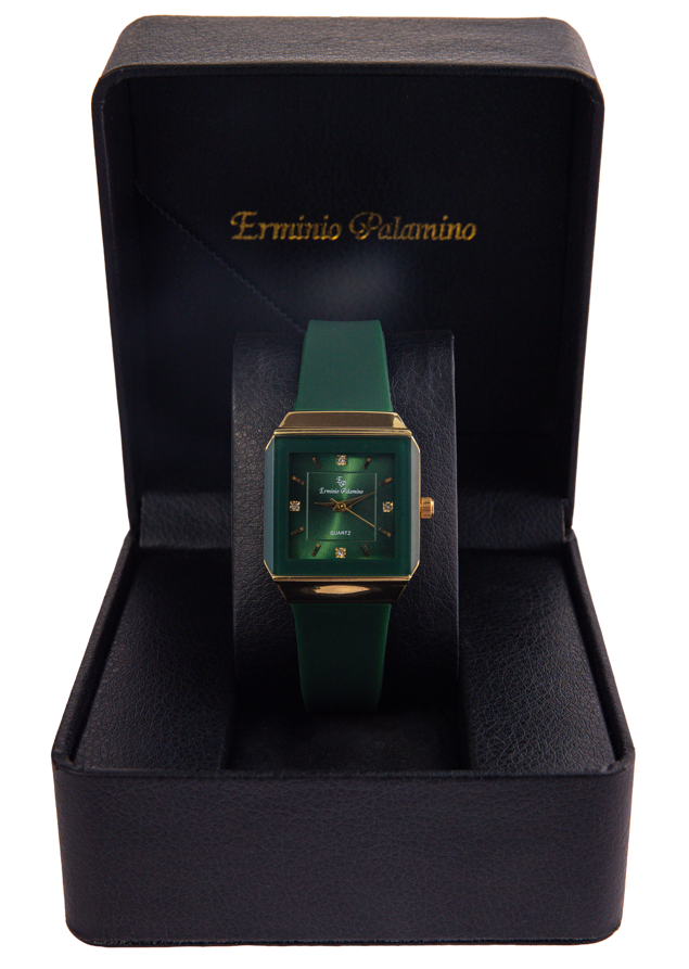 Erminio Palamino Ladies Elegant Square Quartz Watch, Slicone Band, Gold-Tone Case, Crystal Accents, Water Resistant