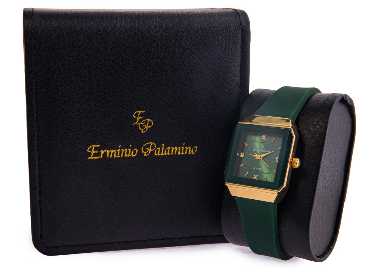 Erminio Palamino Ladies Elegant Square Quartz Watch, Slicone Band, Gold-Tone Case, Crystal Accents, Water Resistant