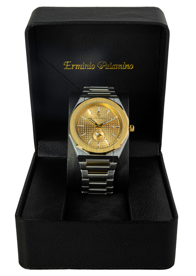 Erminio Palamino Royale Men's Luxury Watch, Two-Tone Gold and Silver, Textured Dial with Date Display, Water Resistant