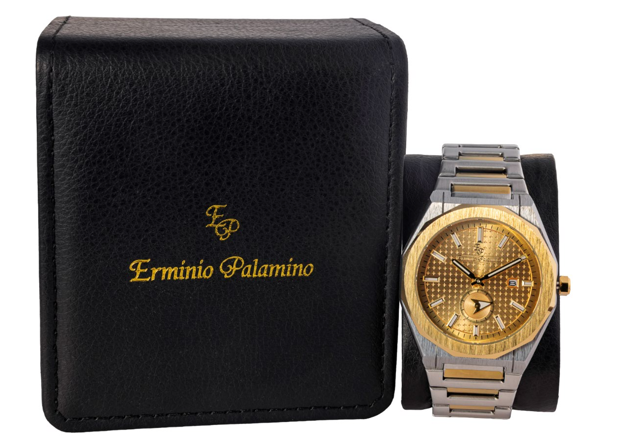 Erminio Palamino Royale Men's Luxury Watch, Two-Tone Gold and Silver, Textured Dial with Date Display, Water Resistant