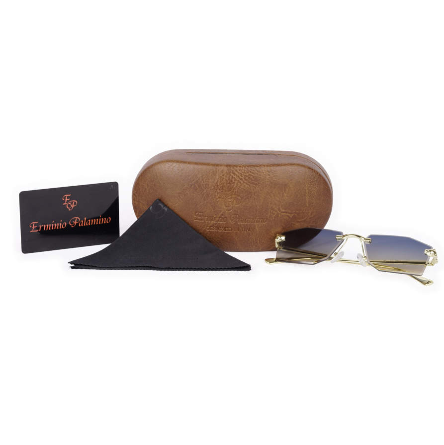 Erminio Palamino "Elite Rimless Rectangular Sunglasses for Women with Tinted Lenses, Gold Metal Frame, Case and Cleaning Cloth Included