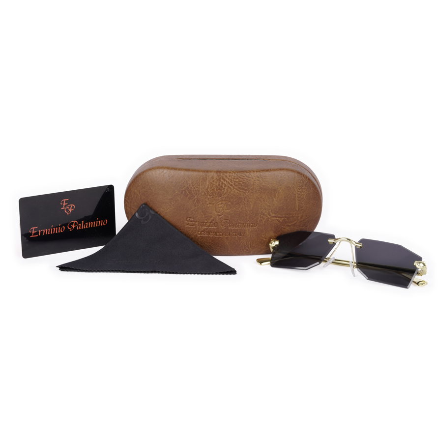 Erminio Palamino "Elite Rimless Rectangular Sunglasses for Women with Tinted Lenses, Gold Metal Frame, Case and Cleaning Cloth Included