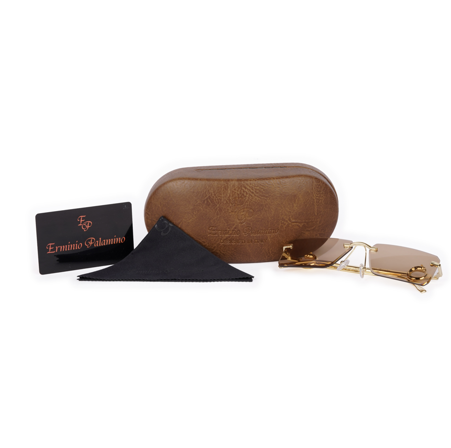 Erminio Palamino "Elite Designer Rimless Sunglasses for Women, Gold Frame, Tinted Lens, with Carrying Case & Cleaning Cloth