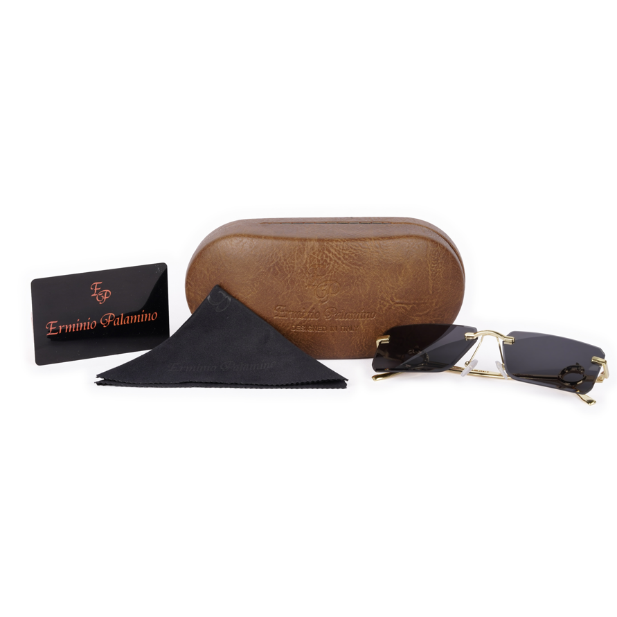 Erminio Palamino "Elite Designer Rimless Sunglasses for Women, Gold Frame, Tinted Lens, with Carrying Case & Cleaning Cloth