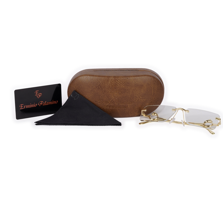 Erminio Palamino "Elite Designer Rimless Sunglasses for Women, Gold Frame, Tinted Lens, with Carrying Case & Cleaning Cloth