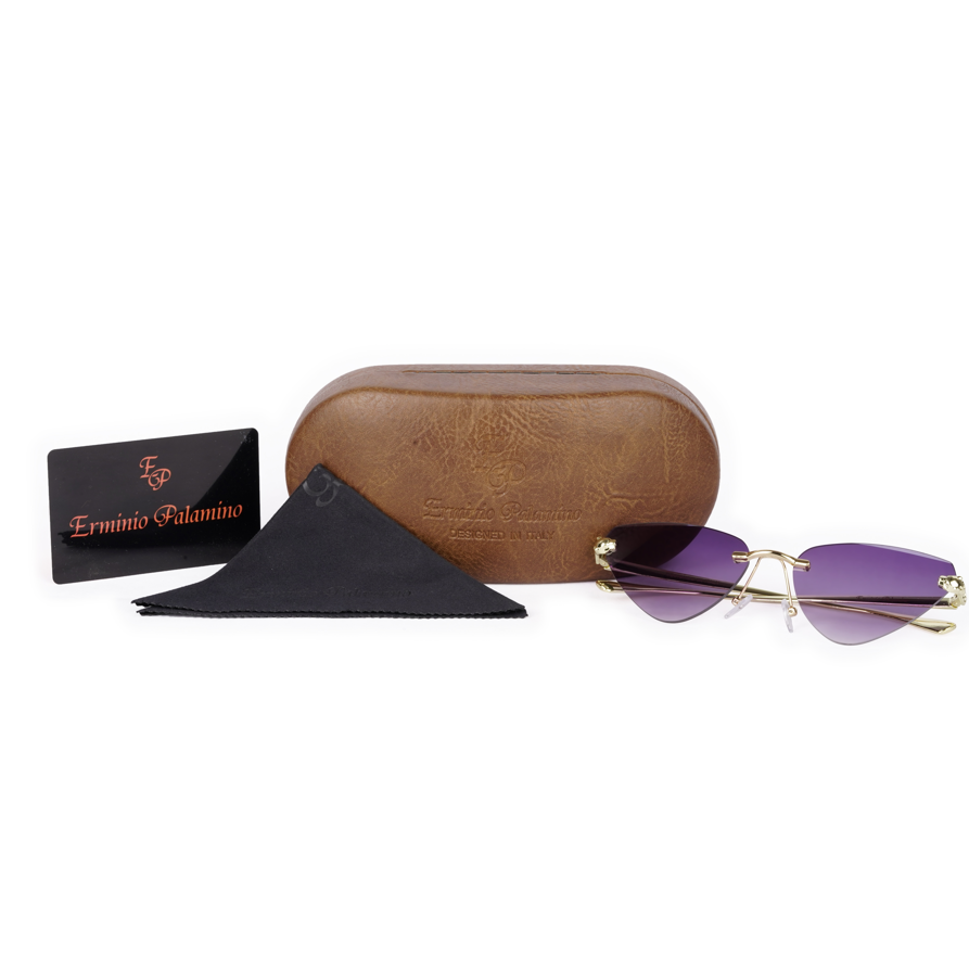 Erminio Palamino "Elite Rimless Cat Eye Sunglasses for Women with Gold Frame, Gradient Lens, Designer Case