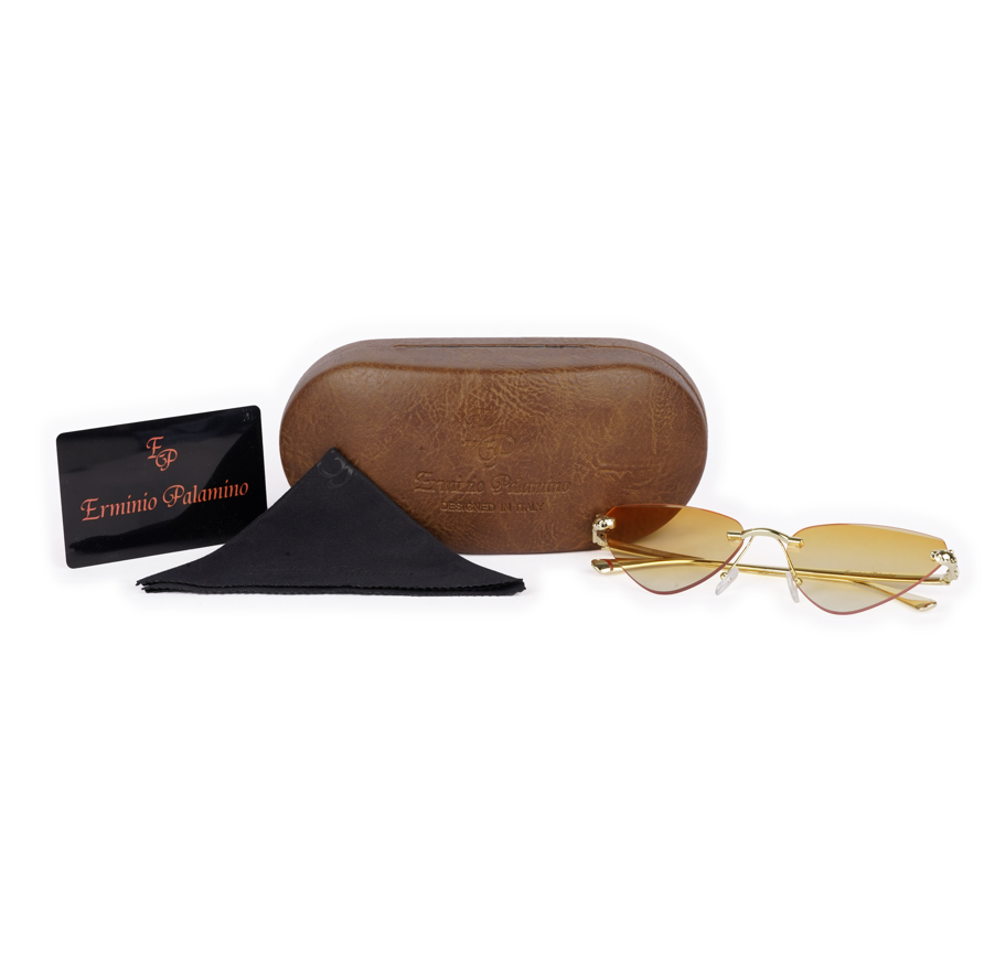 Erminio Palamino "Elite Rimless Cat Eye Sunglasses for Women with Gold Frame, Gradient Lens, Designer Case