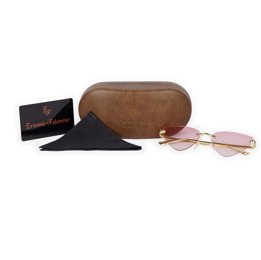 Erminio Palamino "Elite Rimless Cat Eye Sunglasses for Women with Gold Frame, Gradient Lens, Designer Case