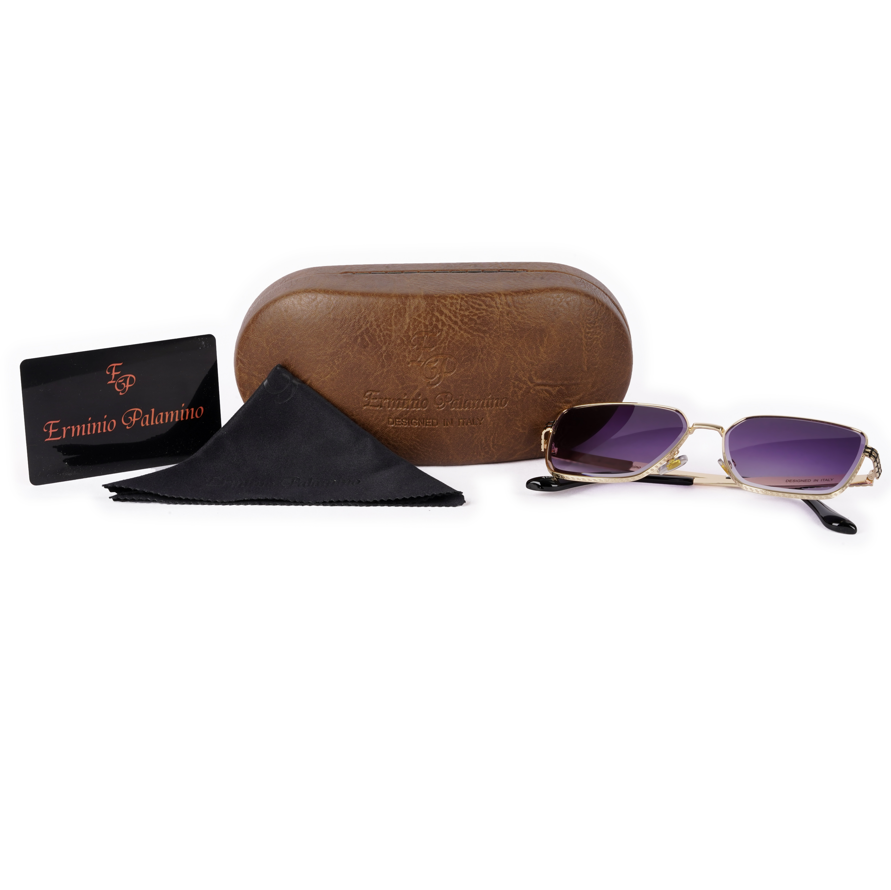 Erminio Palamino "Elite Designer Sunglasses, Square Frame, Black Metal Arms with Decorative Detail, Dark Lens