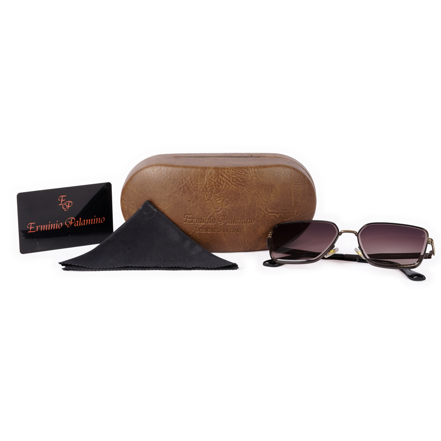 Erminio Palamino "Elite Designer Sunglasses, Square Frame, Black Metal Arms with Decorative Detail, Dark Lens