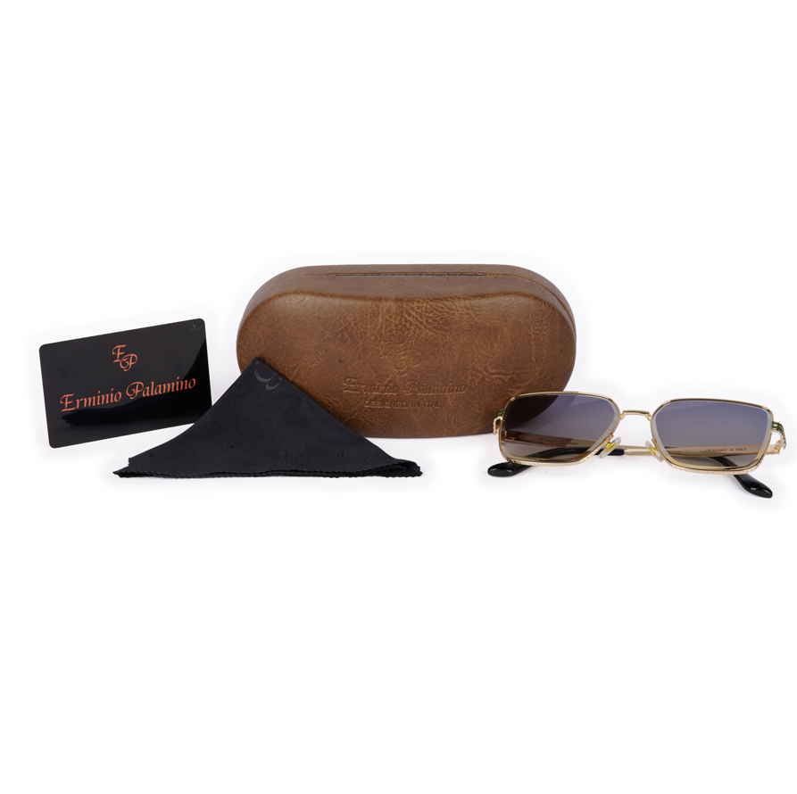 Erminio Palamino "Elite Designer Sunglasses, Square Frame, Black Metal Arms with Decorative Detail, Dark Lens