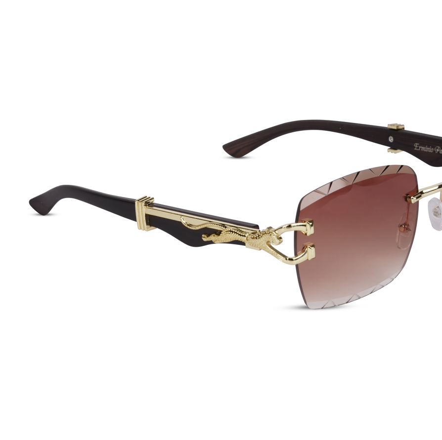 Erminio Palamino "Elite Designer Rimless Sunglasses with Gold Accents, Black Frame, Dark Lenses, Luxury Case