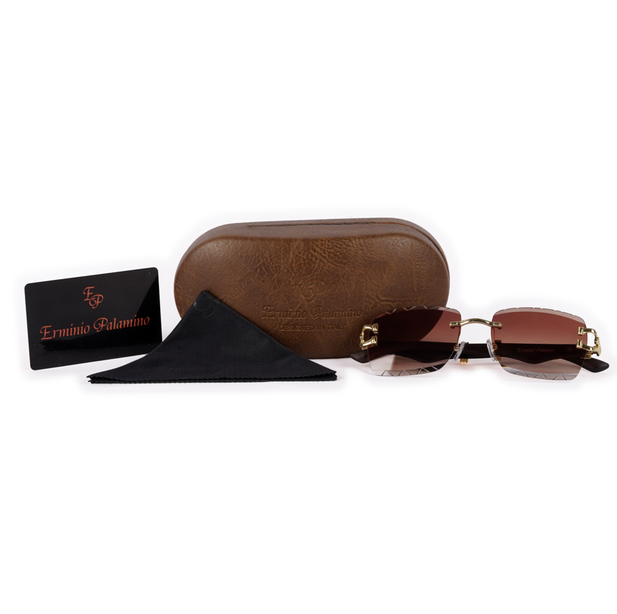Erminio Palamino "Elite Designer Rimless Sunglasses with Gold Accents, Black Frame, Dark Lenses, Luxury Case