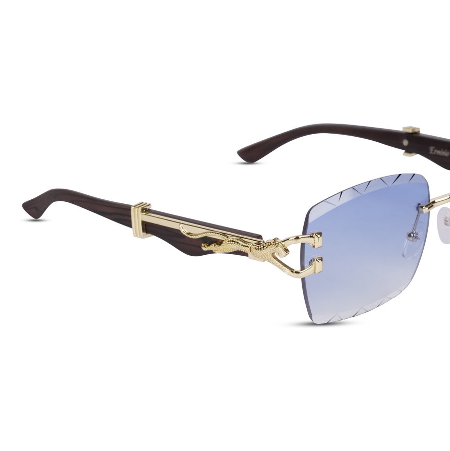 Erminio Palamino "Elite Designer Rimless Sunglasses with Gold Accents, Black Frame, Dark Lenses, Luxury Case