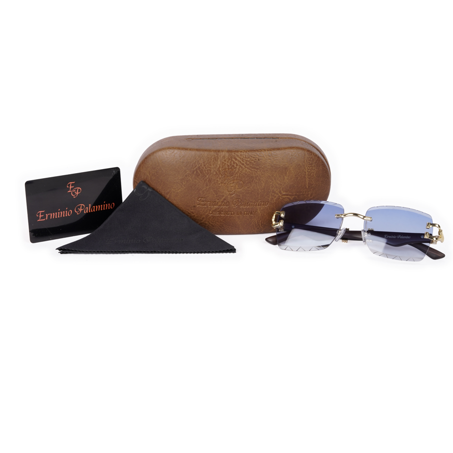 Erminio Palamino "Elite Designer Rimless Sunglasses with Gold Accents, Black Frame, Dark Lenses, Luxury Case