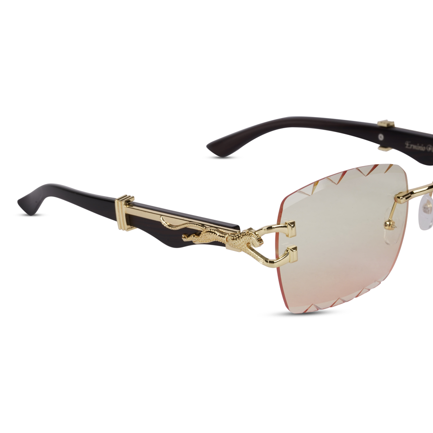 Erminio Palamino "Elite Designer Rimless Sunglasses with Gold Accents, Black Frame, Dark Lenses, Luxury Case