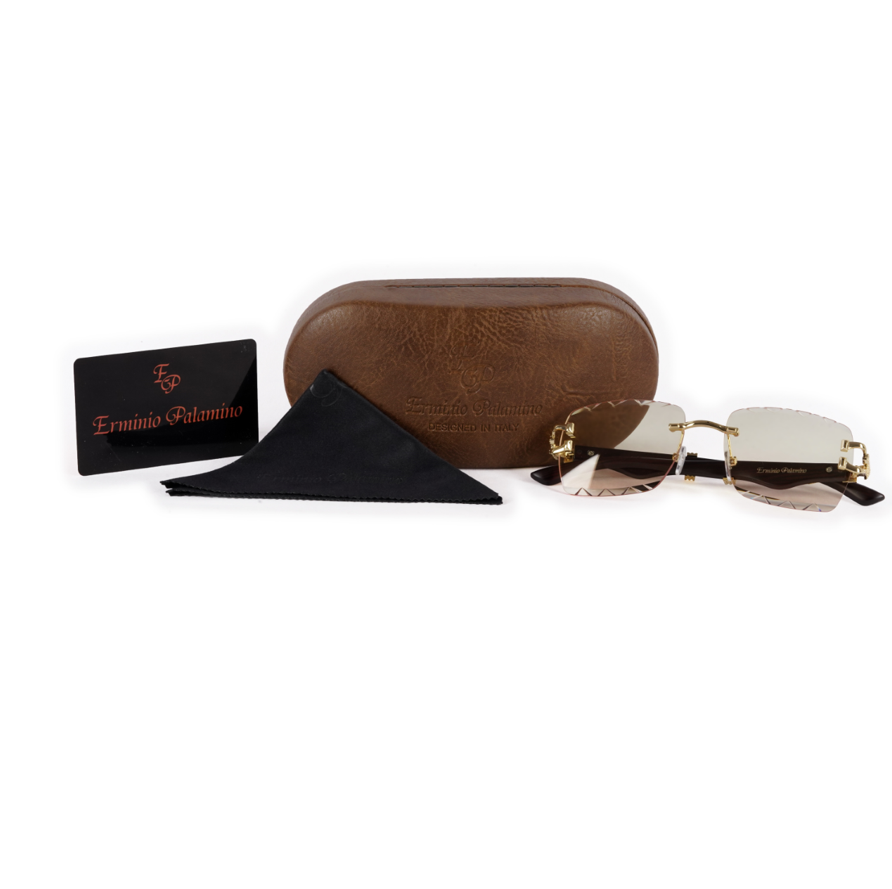 Erminio Palamino "Elite Designer Rimless Sunglasses with Gold Accents, Black Frame, Dark Lenses, Luxury Case