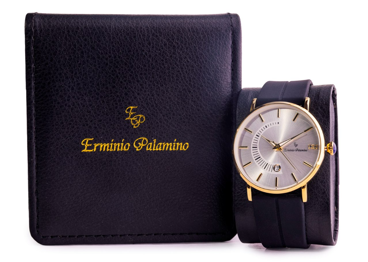 Erminio Palamino Sleek Dial Analog Men's Watch – Gold/Silver-Tone Case, Date Display, Adjustable Silicone Strap, Water Resistant