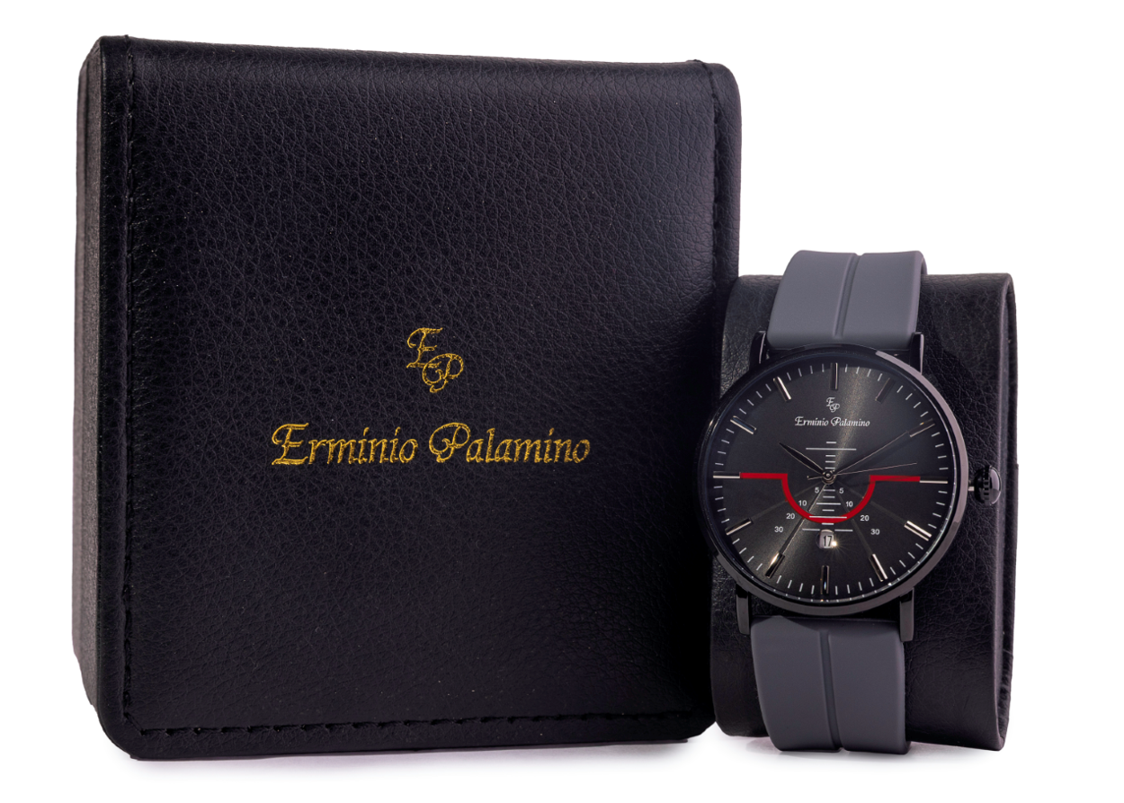 Erminio Palamino Men's Sleek Analog Watch, Modern Dial with Red Accent, Silicone Magnetic Band, Date Display, Water Resistant
