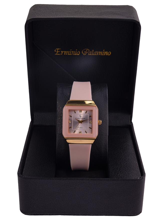 Erminio Palamino Ladies Elegant Square Quartz Watch, Slicone Band, Gold-Tone Case, Crystal Accents, Water Resistant