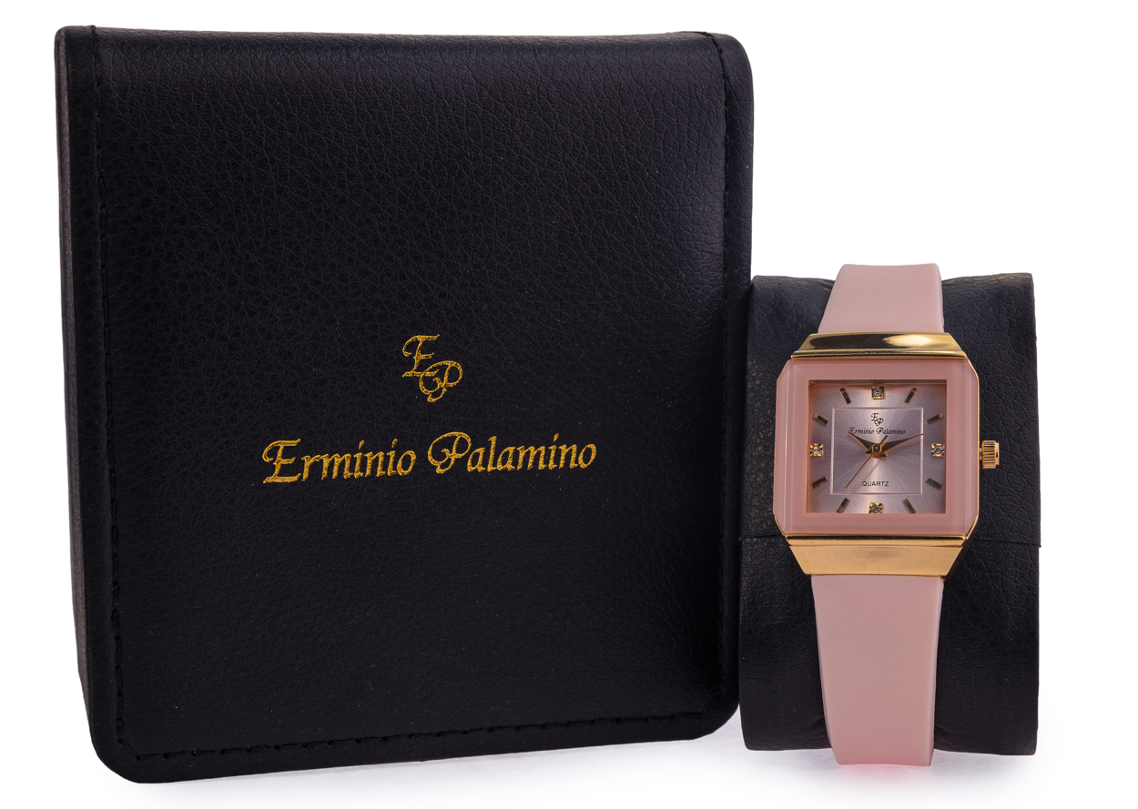 Erminio Palamino Ladies Elegant Square Quartz Watch, Slicone Band, Gold-Tone Case, Crystal Accents, Water Resistant