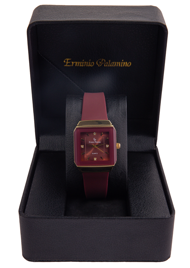 Erminio Palamino Ladies Elegant Square Quartz Watch, Slicone Band, Gold-Tone Case, Crystal Accents, Water Resistant