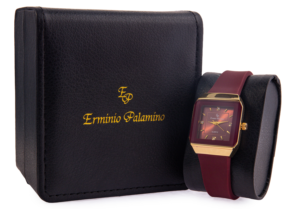 Erminio Palamino Ladies Elegant Square Quartz Watch, Slicone Band, Gold-Tone Case, Crystal Accents, Water Resistant