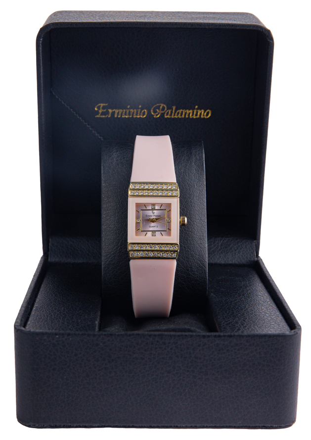 Erminio Palamino Ladies Luxury Quartz Watch, Gold-Tone Crystal Embellished, Vintage Square, Silicone Strap, Water Resistant