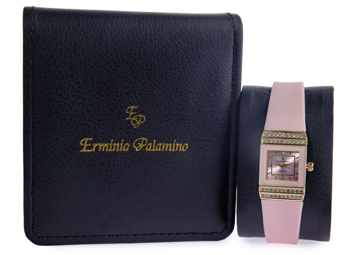 Erminio Palamino Ladies Luxury Quartz Watch, Gold-Tone Crystal Embellished, Vintage Square, Silicone Strap, Water Resistant